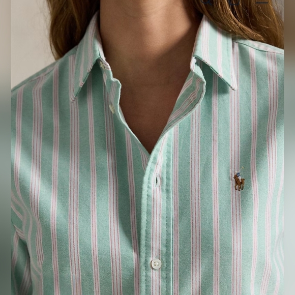 Ralph Lauren Tops - Ralph Lauren Women's Light Green Striped Slim Fit Polo Button Down ~ Size 12